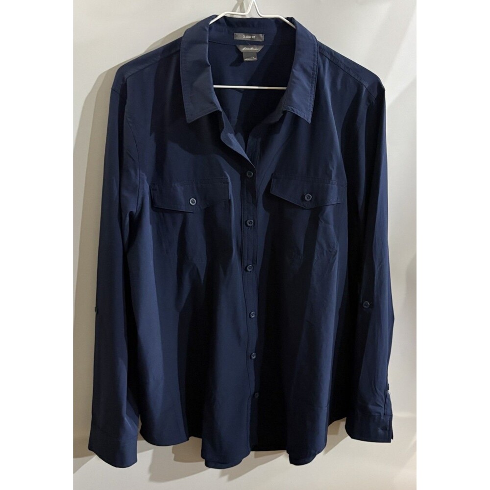 Eddie Bauer Women’s Blouse L Navy Blue Solid Collared Long Sleeve Button-Up
